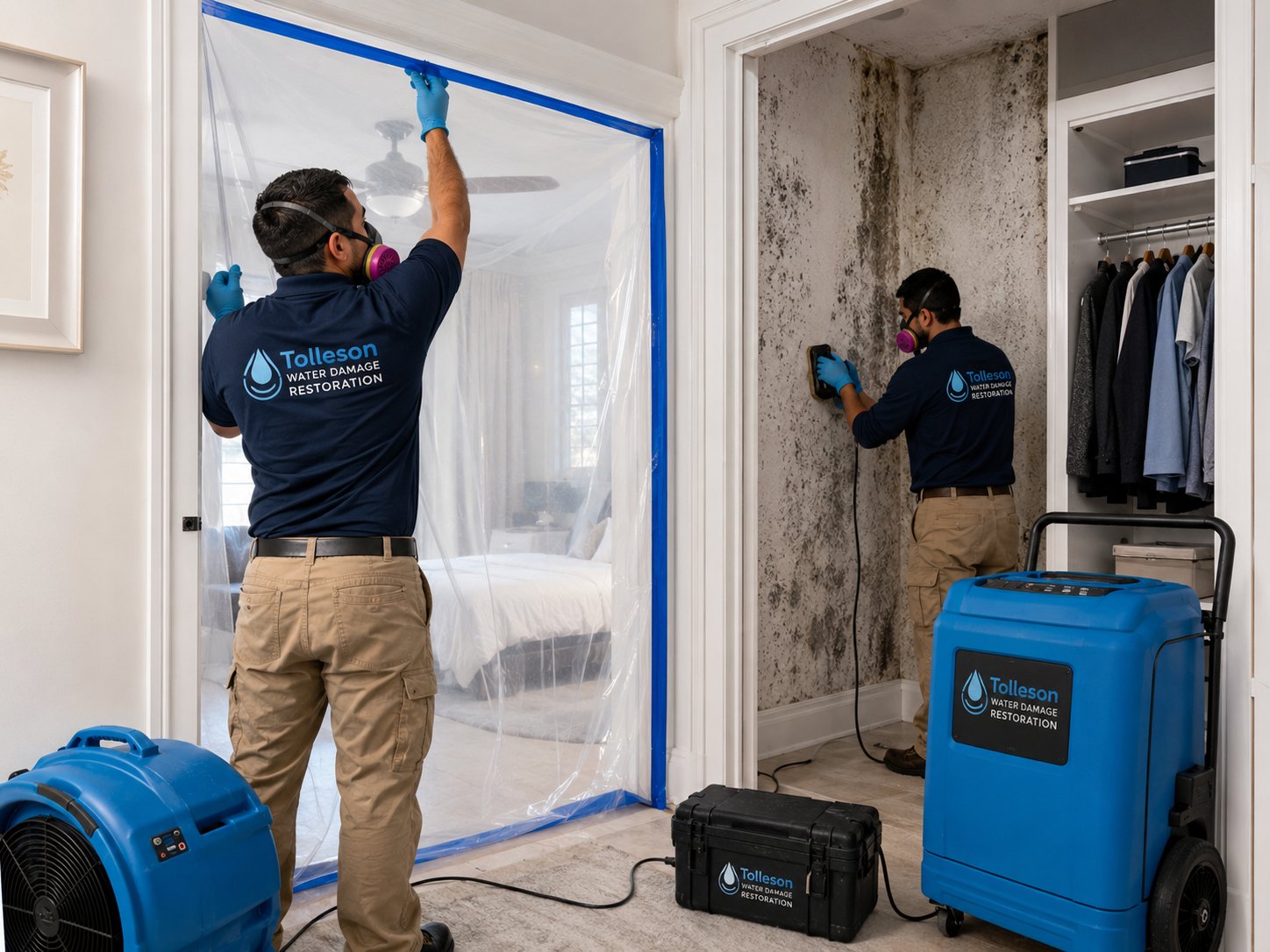 Tolleson crew performing contained mold remediation in a home closet