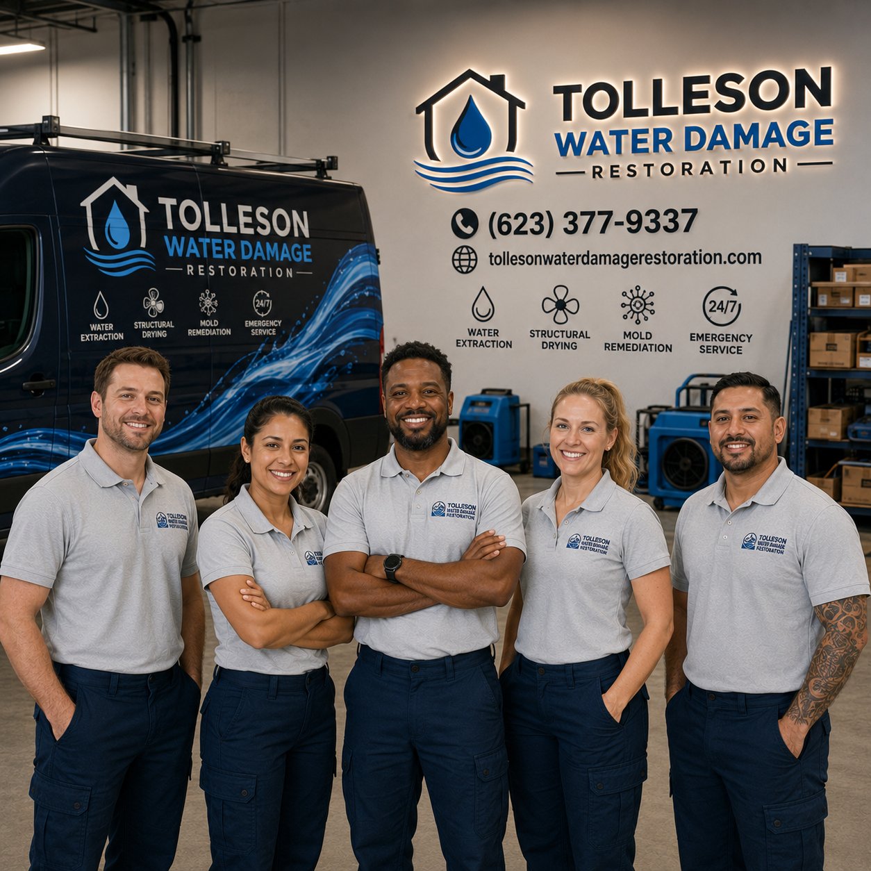 The Tolleson Water Damage Restoration team in front of their service van and equipment